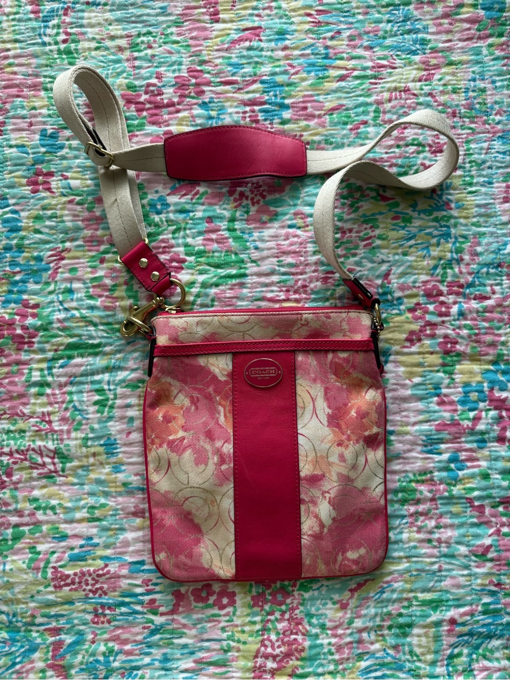 Coach Pink Floral Canvas Crossbody with Cream Strap
